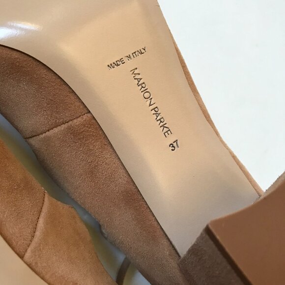 NEW Marion Parke Francine Sandals Heels Womens 37 7 Caramel Tan Suede Buckle NEW - Picture 9 of 12